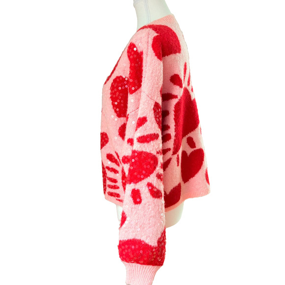 Luna Ivy Sequin Heart Sweater Pink Red Medium Boxy Preppy Y2K Glam Playful - Picture 6 of 10